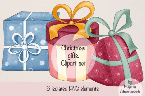 Christmas Gifts Clipart: 3 PNG Illustrations for Design