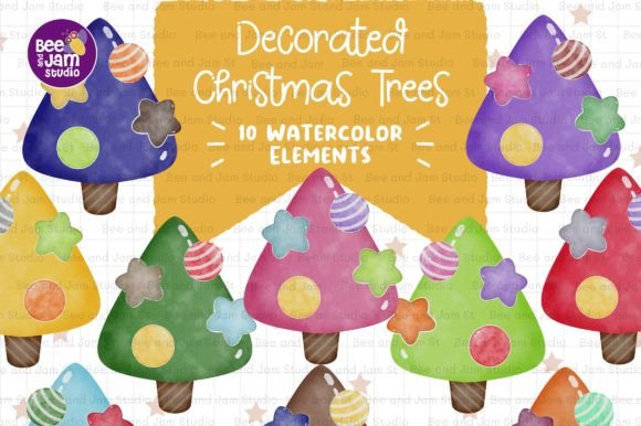 Decorated Christmas Trees Watercolor PNG Review