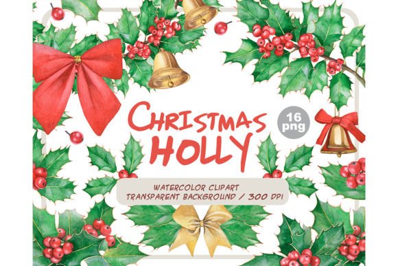 Watercolor Christmas Holly Clipart Set: Festive Illustrations